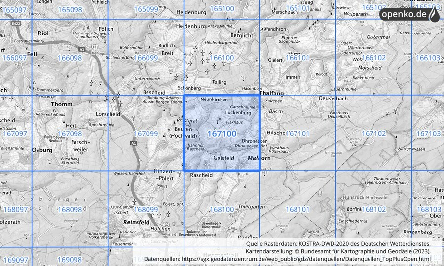 Übersichtskarte des KOSTRA-DWD-2020-Rasterfeldes Nr. 167100