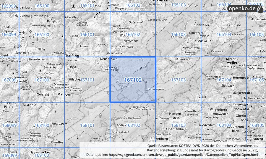 Übersichtskarte des KOSTRA-DWD-2020-Rasterfeldes Nr. 167102