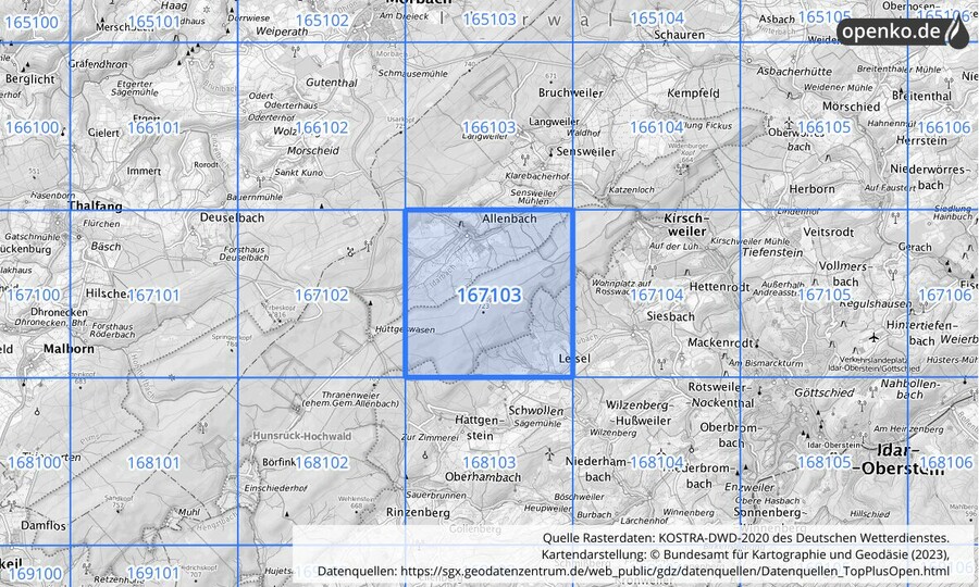 Übersichtskarte des KOSTRA-DWD-2020-Rasterfeldes Nr. 167103