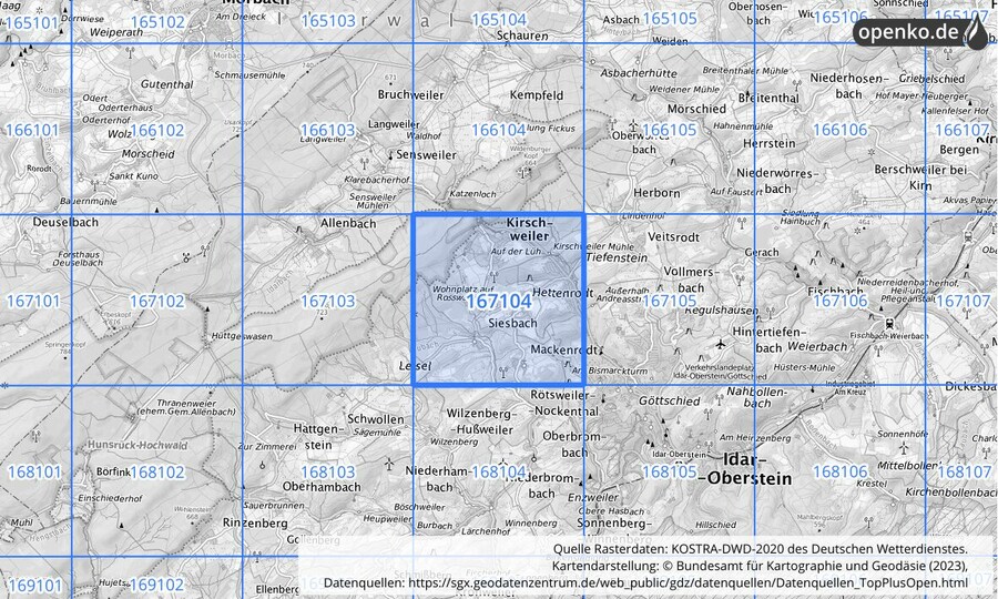 Übersichtskarte des KOSTRA-DWD-2020-Rasterfeldes Nr. 167104