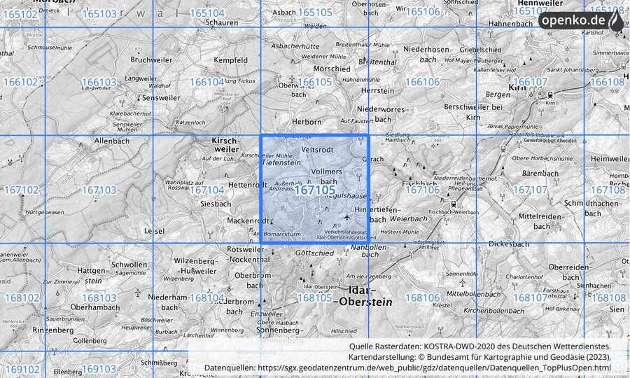 Übersichtskarte des KOSTRA-DWD-2020-Rasterfeldes Nr. 167105