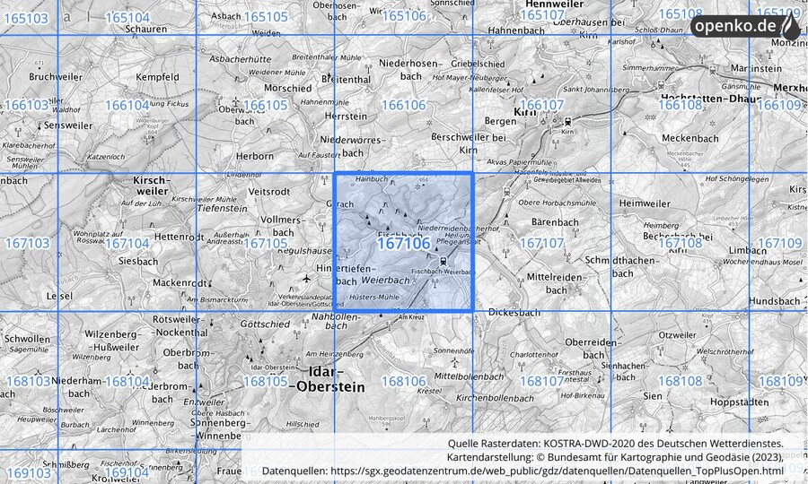 Übersichtskarte des KOSTRA-DWD-2020-Rasterfeldes Nr. 167106