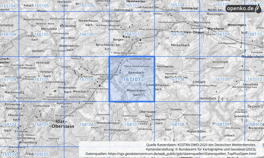 Übersichtskarte des KOSTRA-DWD-2020-Rasterfeldes Nr. 167107