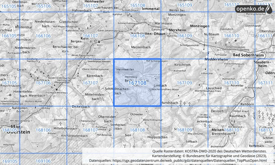 Übersichtskarte des KOSTRA-DWD-2020-Rasterfeldes Nr. 167108