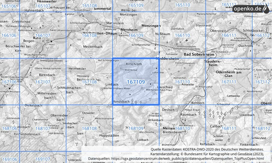 Übersichtskarte des KOSTRA-DWD-2020-Rasterfeldes Nr. 167109
