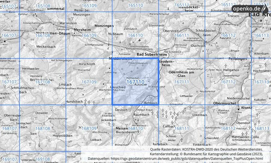 Übersichtskarte des KOSTRA-DWD-2020-Rasterfeldes Nr. 167110