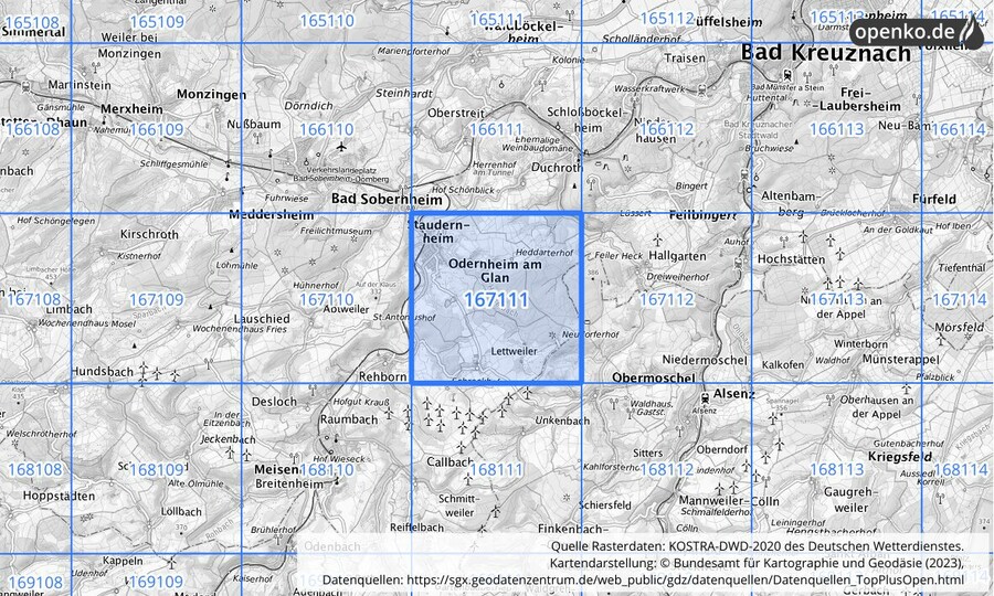 Übersichtskarte des KOSTRA-DWD-2020-Rasterfeldes Nr. 167111