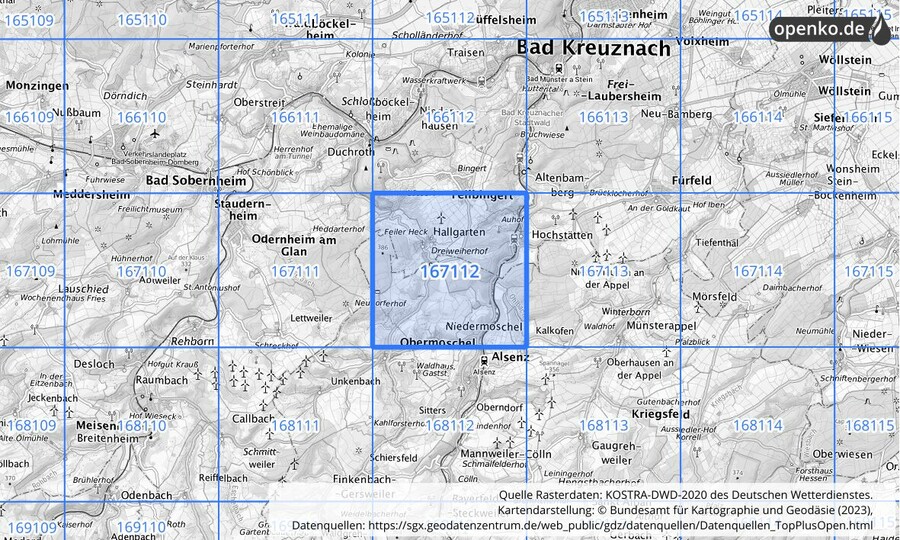 Übersichtskarte des KOSTRA-DWD-2020-Rasterfeldes Nr. 167112