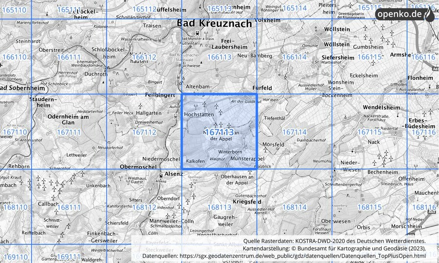 Übersichtskarte des KOSTRA-DWD-2020-Rasterfeldes Nr. 167113