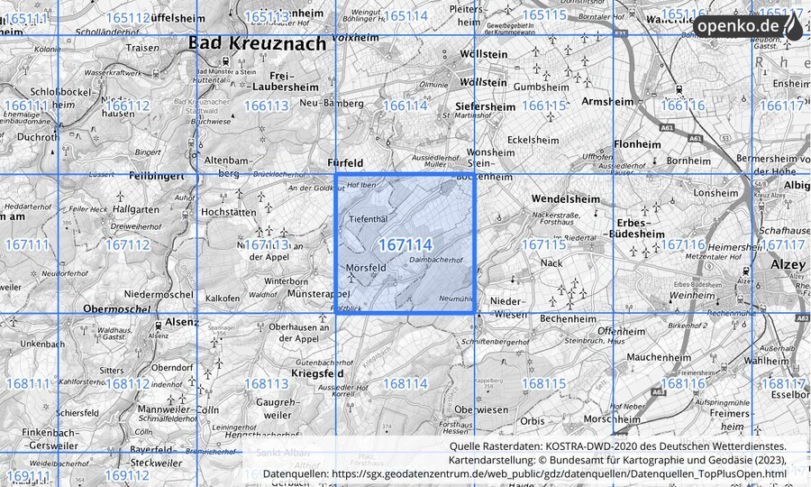 Übersichtskarte des KOSTRA-DWD-2020-Rasterfeldes Nr. 167114