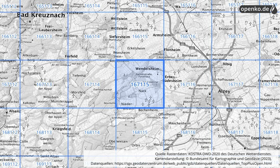 Übersichtskarte des KOSTRA-DWD-2020-Rasterfeldes Nr. 167115