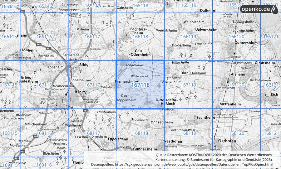 Übersichtskarte des KOSTRA-DWD-2020-Rasterfeldes Nr. 167118