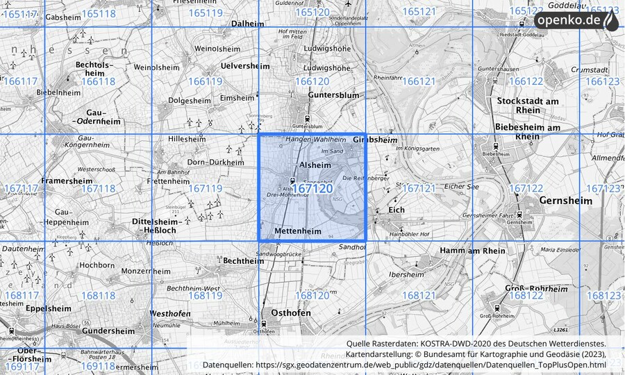 Übersichtskarte des KOSTRA-DWD-2020-Rasterfeldes Nr. 167120