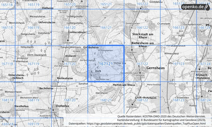 Übersichtskarte des KOSTRA-DWD-2020-Rasterfeldes Nr. 167121