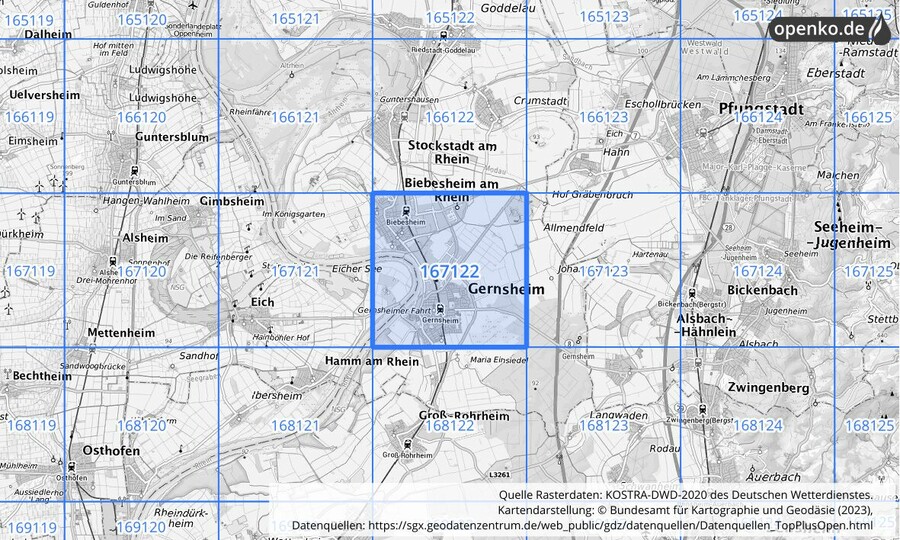 Übersichtskarte des KOSTRA-DWD-2020-Rasterfeldes Nr. 167122