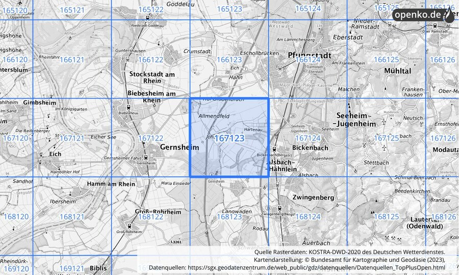 Übersichtskarte des KOSTRA-DWD-2020-Rasterfeldes Nr. 167123