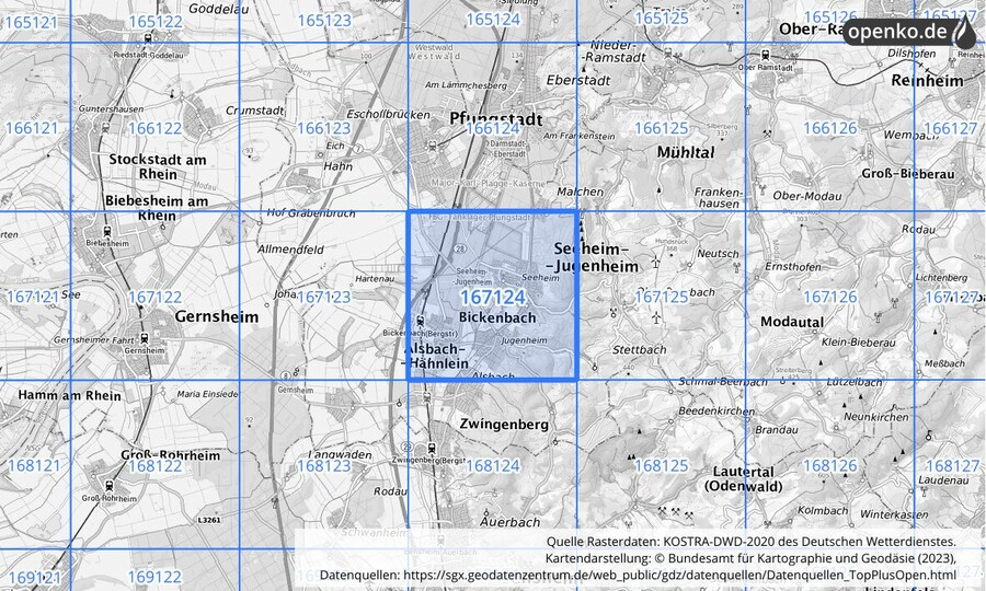 Übersichtskarte des KOSTRA-DWD-2020-Rasterfeldes Nr. 167124