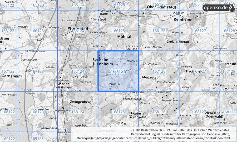 Übersichtskarte des KOSTRA-DWD-2020-Rasterfeldes Nr. 167125