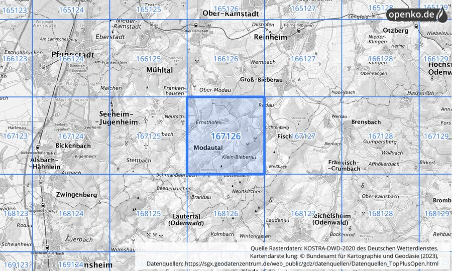 Übersichtskarte des KOSTRA-DWD-2020-Rasterfeldes Nr. 167126