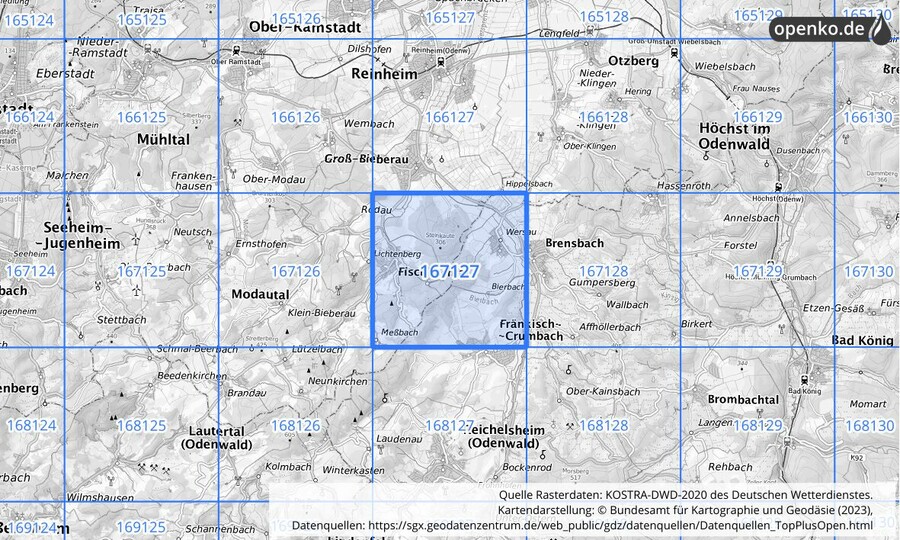 Übersichtskarte des KOSTRA-DWD-2020-Rasterfeldes Nr. 167127