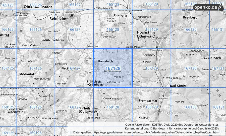 Übersichtskarte des KOSTRA-DWD-2020-Rasterfeldes Nr. 167128