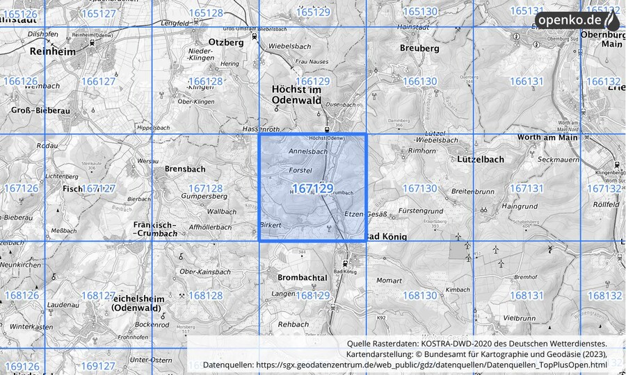 Übersichtskarte des KOSTRA-DWD-2020-Rasterfeldes Nr. 167129