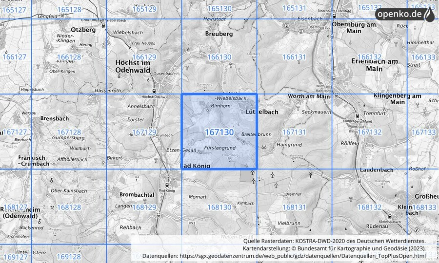 Übersichtskarte des KOSTRA-DWD-2020-Rasterfeldes Nr. 167130