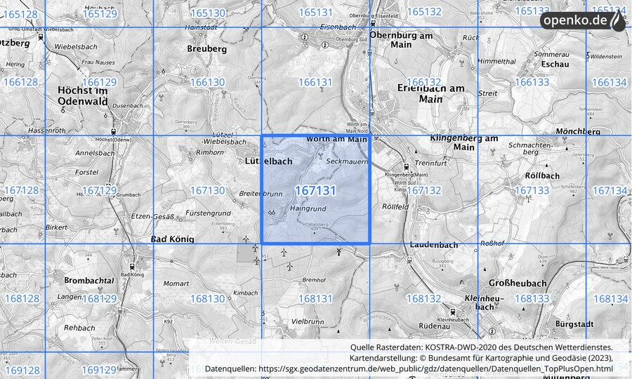 Übersichtskarte des KOSTRA-DWD-2020-Rasterfeldes Nr. 167131