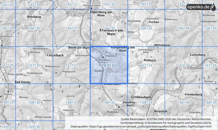 Übersichtskarte des KOSTRA-DWD-2020-Rasterfeldes Nr. 167132