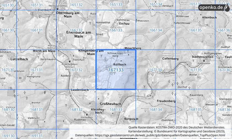 Übersichtskarte des KOSTRA-DWD-2020-Rasterfeldes Nr. 167133