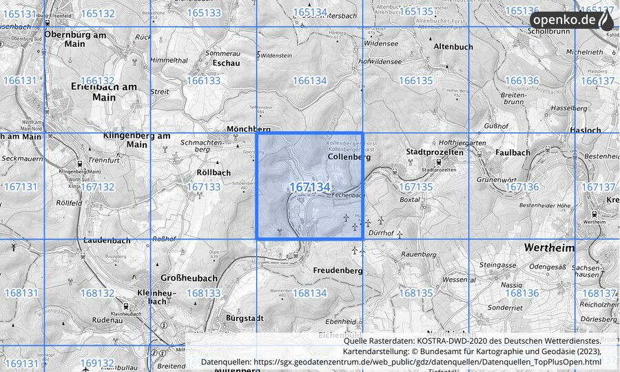 Übersichtskarte des KOSTRA-DWD-2020-Rasterfeldes Nr. 167134