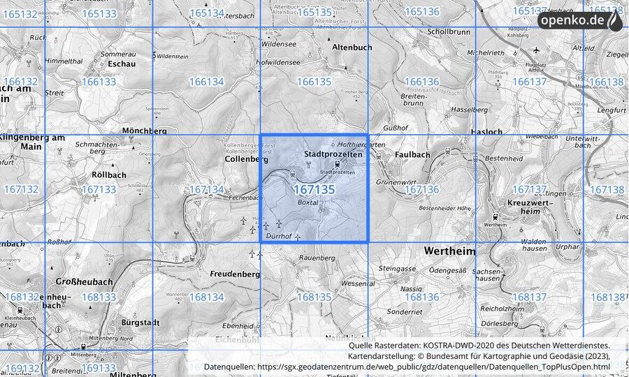 Übersichtskarte des KOSTRA-DWD-2020-Rasterfeldes Nr. 167135