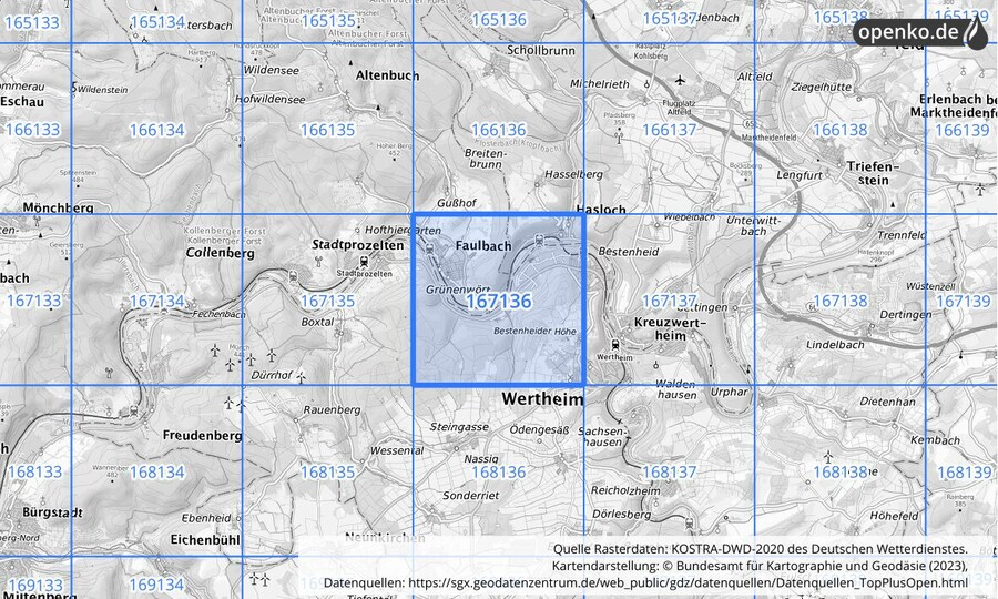 Übersichtskarte des KOSTRA-DWD-2020-Rasterfeldes Nr. 167136