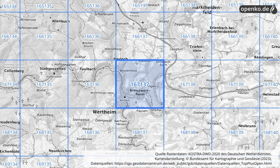 Übersichtskarte des KOSTRA-DWD-2020-Rasterfeldes Nr. 167137