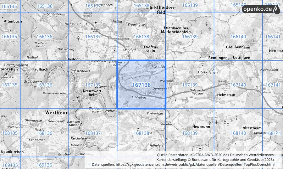 Übersichtskarte des KOSTRA-DWD-2020-Rasterfeldes Nr. 167138