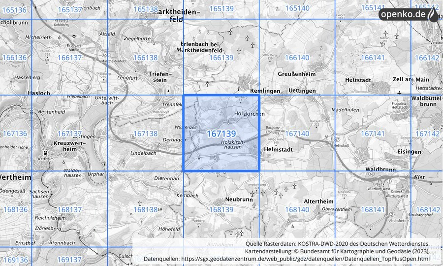 Übersichtskarte des KOSTRA-DWD-2020-Rasterfeldes Nr. 167139