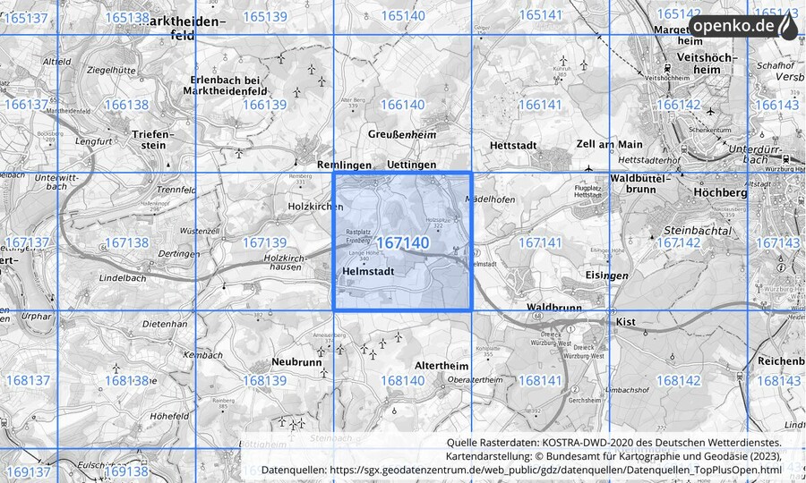 Übersichtskarte des KOSTRA-DWD-2020-Rasterfeldes Nr. 167140