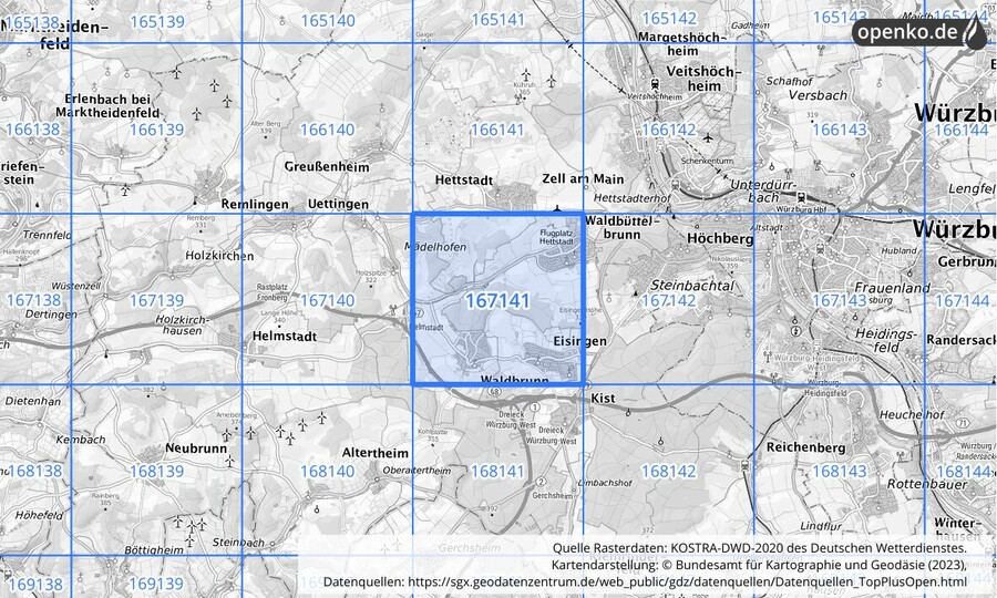 Übersichtskarte des KOSTRA-DWD-2020-Rasterfeldes Nr. 167141