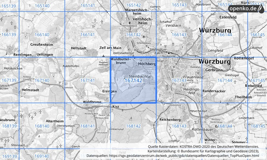 Übersichtskarte des KOSTRA-DWD-2020-Rasterfeldes Nr. 167142