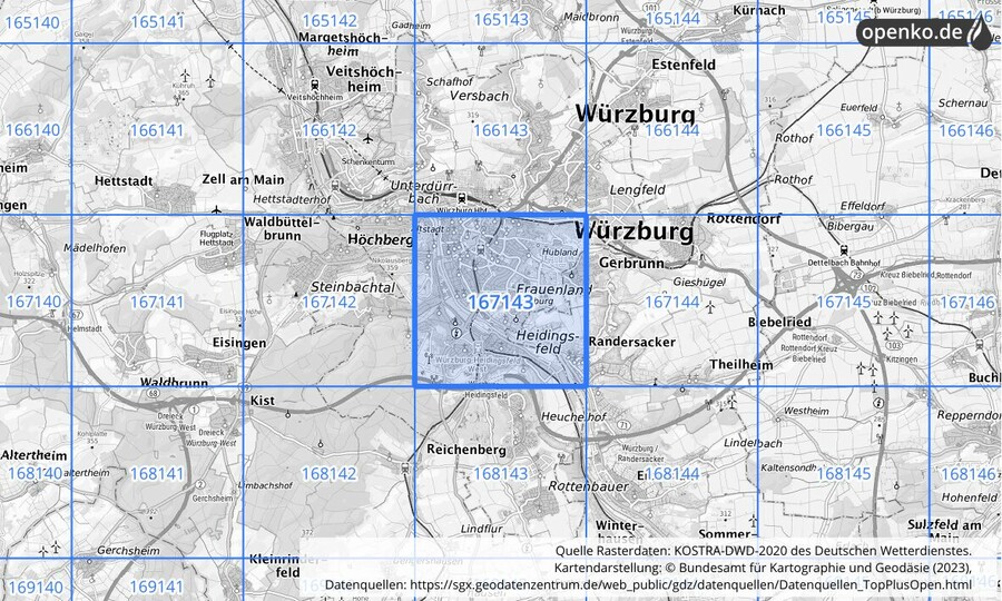 Übersichtskarte des KOSTRA-DWD-2020-Rasterfeldes Nr. 167143