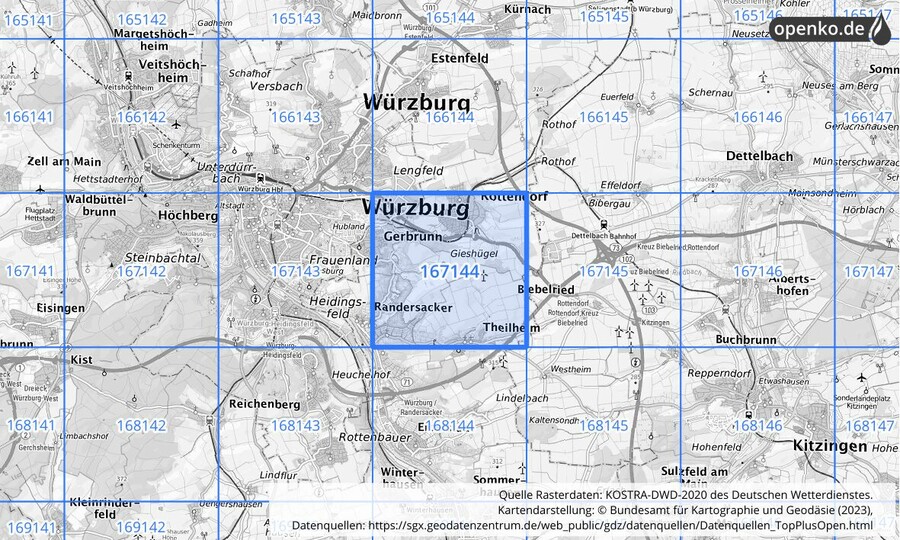 Übersichtskarte des KOSTRA-DWD-2020-Rasterfeldes Nr. 167144