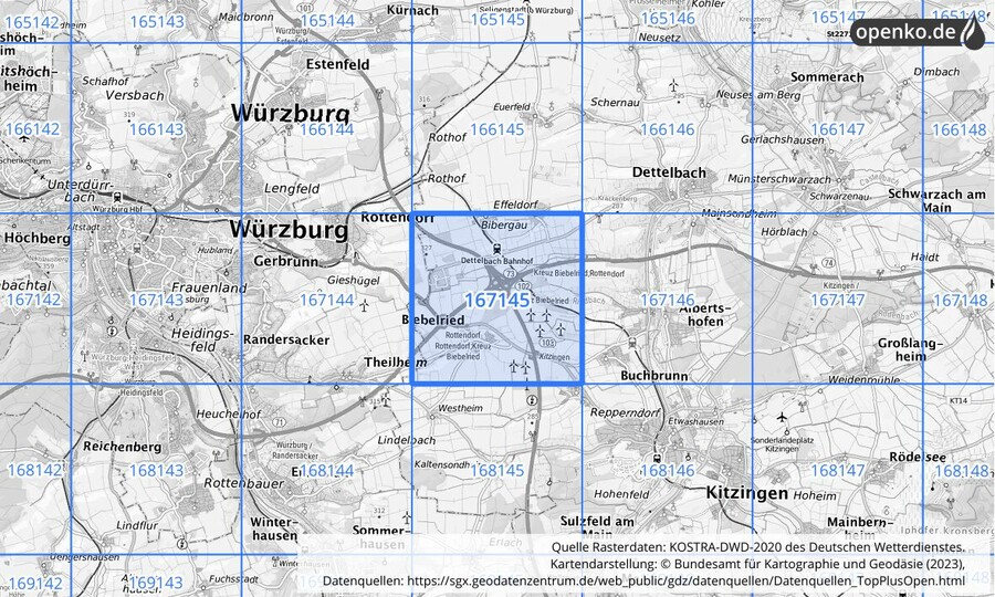 Übersichtskarte des KOSTRA-DWD-2020-Rasterfeldes Nr. 167145