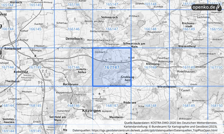 Übersichtskarte des KOSTRA-DWD-2020-Rasterfeldes Nr. 167147