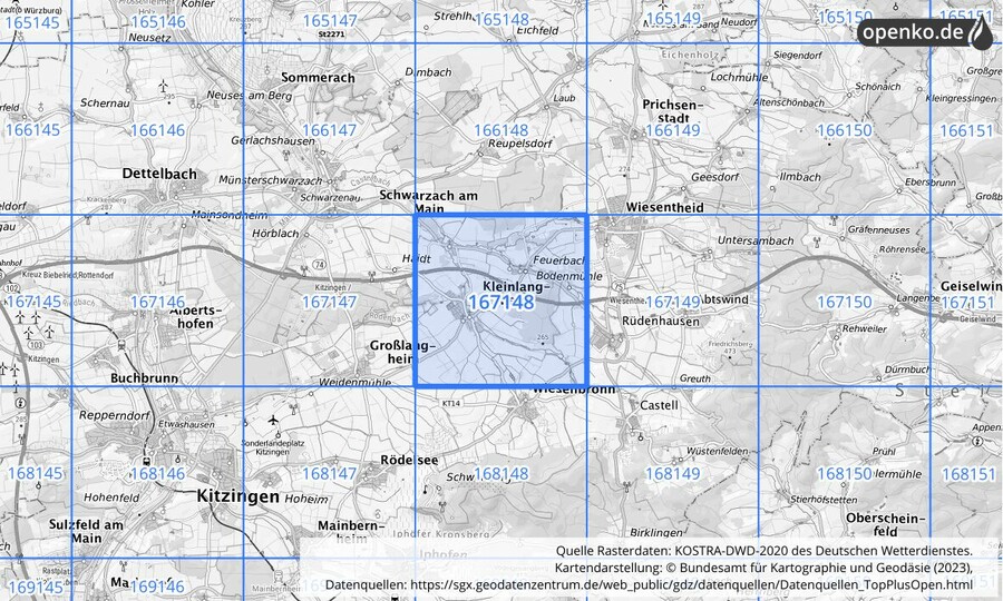 Übersichtskarte des KOSTRA-DWD-2020-Rasterfeldes Nr. 167148