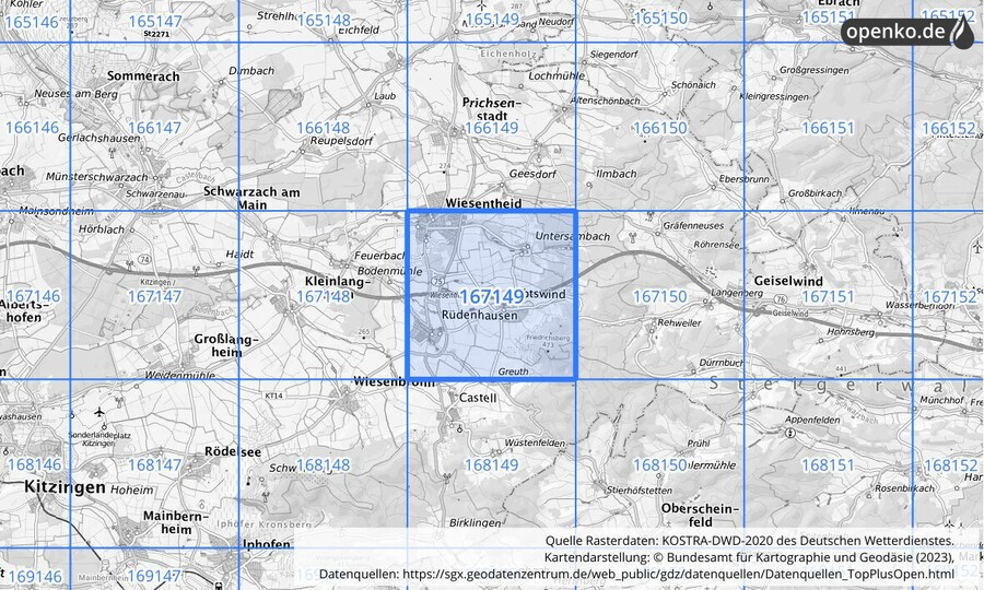 Übersichtskarte des KOSTRA-DWD-2020-Rasterfeldes Nr. 167149