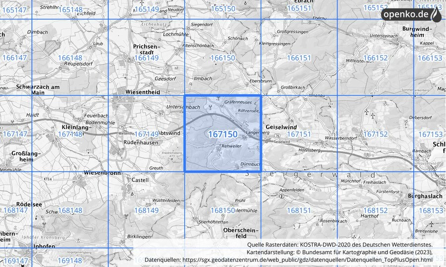 Übersichtskarte des KOSTRA-DWD-2020-Rasterfeldes Nr. 167150