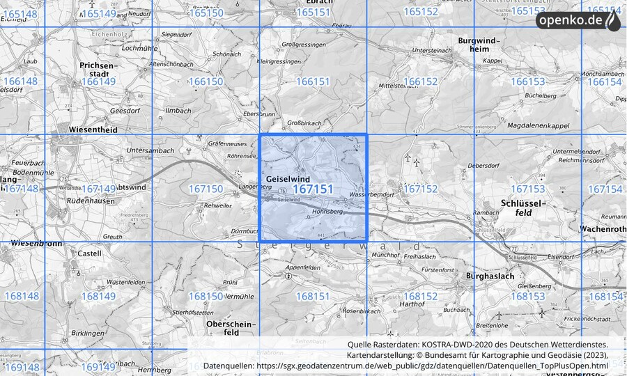 Übersichtskarte des KOSTRA-DWD-2020-Rasterfeldes Nr. 167151