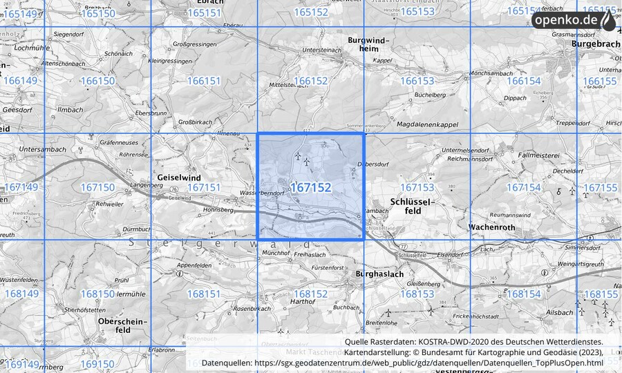 Übersichtskarte des KOSTRA-DWD-2020-Rasterfeldes Nr. 167152