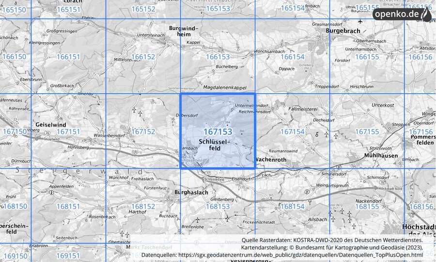 Übersichtskarte des KOSTRA-DWD-2020-Rasterfeldes Nr. 167153