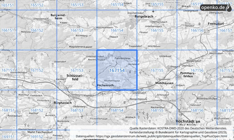 Übersichtskarte des KOSTRA-DWD-2020-Rasterfeldes Nr. 167154